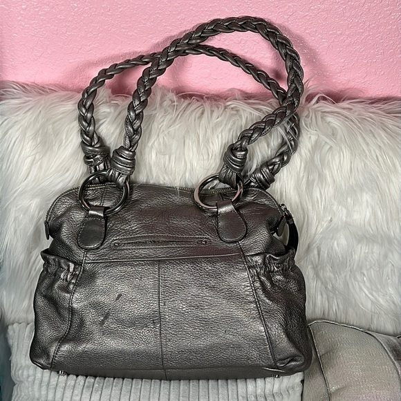 B. MAKOWSKI Pebbled Leather Hobo Bag A211928 Grey Pockets Braided Straps Classic - Picture 8 of 15